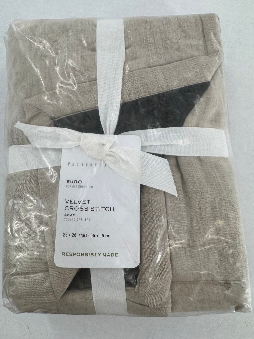 Pottery Barn Velvet Cross Stitch Euro Sham 26x26 Neutral Beige New in Package